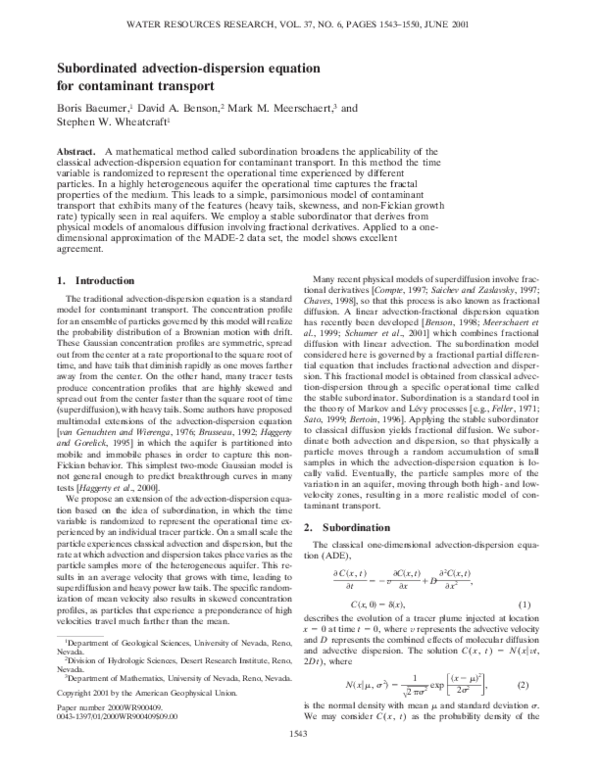 (PDF) Subordinated advection-dispersion equation for contaminant transport