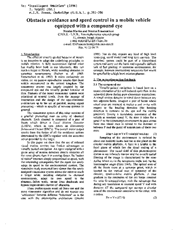 (PDF) Obstacle avoidance and speed control in a mobile vehicle equipped ...