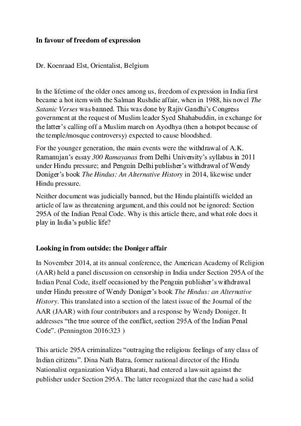 First page of “In favour of freedom of expression”