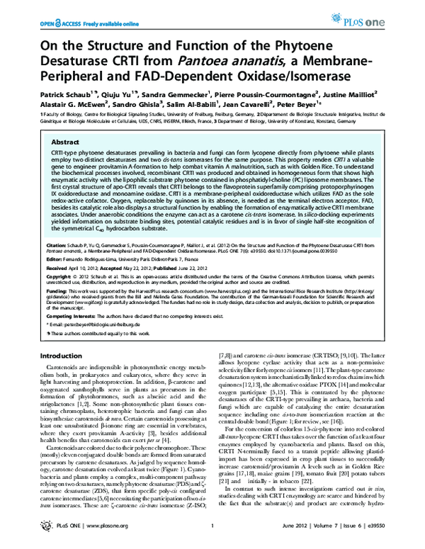 (PDF) On the Structure and Function of the Phytoene Desaturase CRTI ...