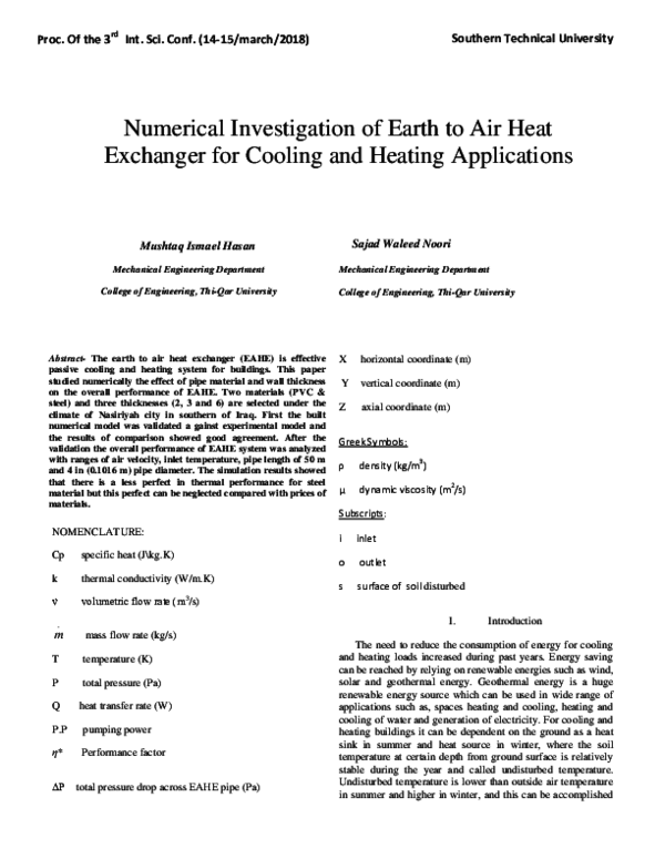 (PDF) Numerical Investigation of Earth to Air Heat Exchanger for ...