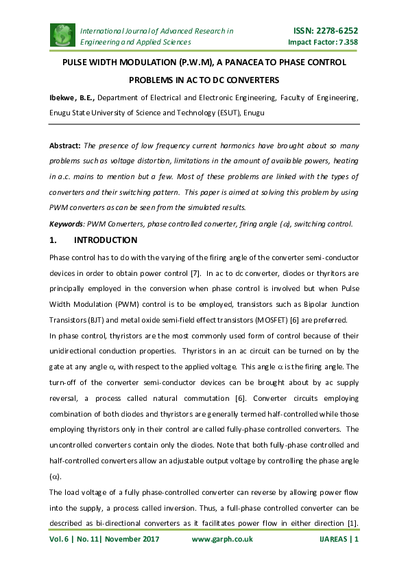 (PDF) PULSE WIDTH MODULATION (P.W.M), A PANACEA TO PHASE CONTROL ...