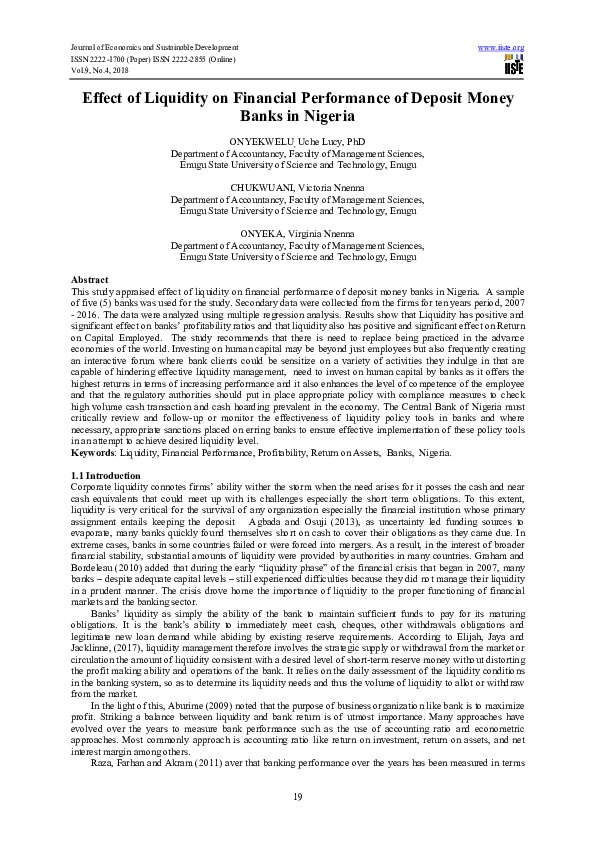 (PDF) Effect of Liquidity on Financial Performance of Deposit Money Banks in Nigeria KOBIA