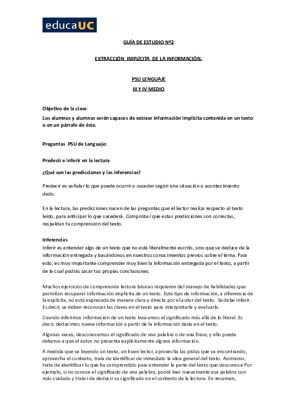(DOC) GUÍA DE ESTUDIO Nº2 EXTRACCIÓN IMPLÍCITA DE LA INFORMACIÓN. PSU LENGUAJE III Y IV MEDIO