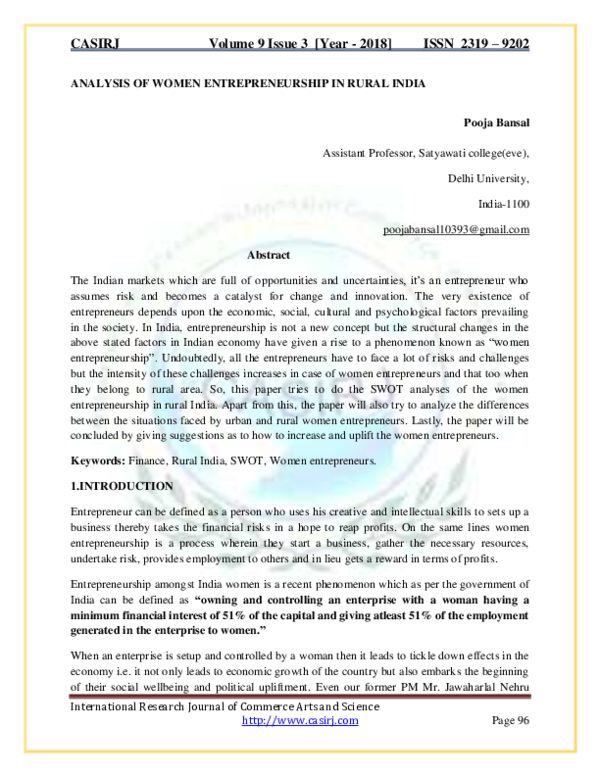 (PDF) ANALYSIS OF WOMEN ENTREPRENEURSHIP IN RURAL INDIA