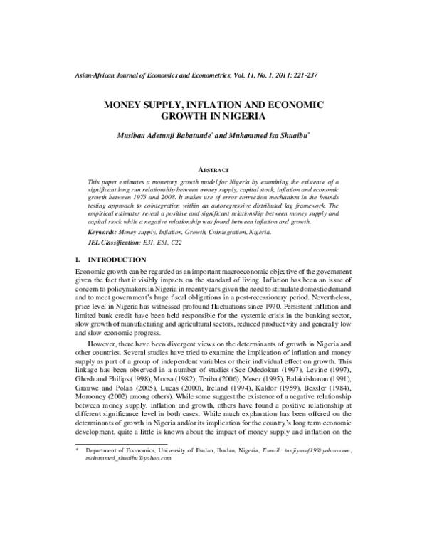 (PDF) MONEY SUPPLY, INFLATION AND ECONOMIC GROWTH IN NIGERIA