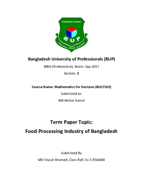 (DOC) Term Paper Topic: Food Processing Industry of Bangladesh