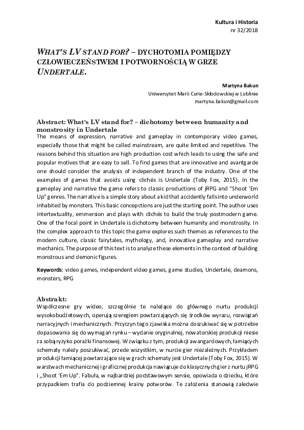 (PDF) WHAT'S LV STAND FOR? DYCHOTOMIA POMIĘDZY CZŁOWIECZEŃSTWEM I POTWORNOŚCIĄ W GRZE