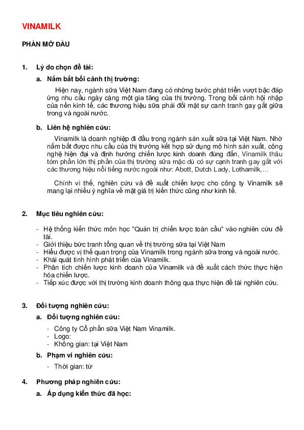 First page of “ĐỀ TÀI VINAMILK”