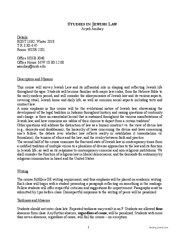 PDF) Syllabus: Studies in Jewish Law | Aryeh Amihay - Academia.edu