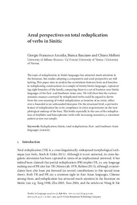 (PDF) Areal perspectives on total reduplication of verbs in Sinitic