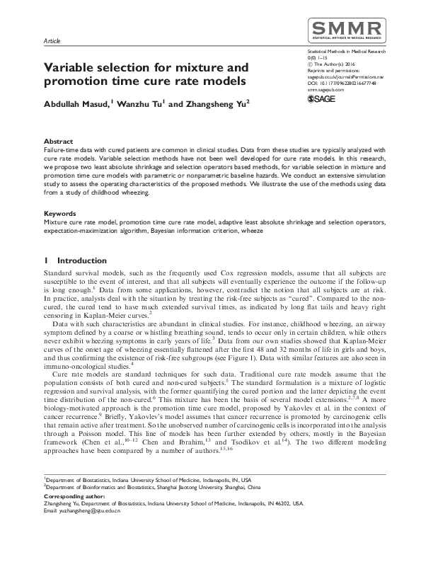 (PDF) Variable selection for mixture and promotion time cure rate models