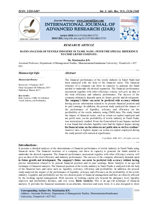 (PDF) RATIO ANALYSIS OF TEXTILE INDUSTRY IN TAMIL NADU (WITH THE