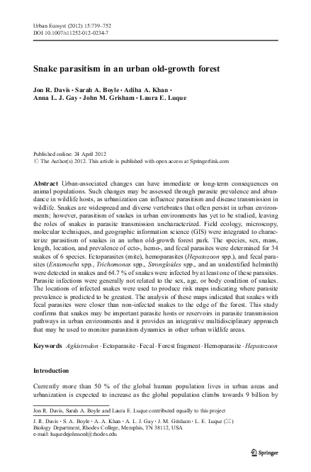 (PDF) An integrative assessment of snake parasitism across an urban ...