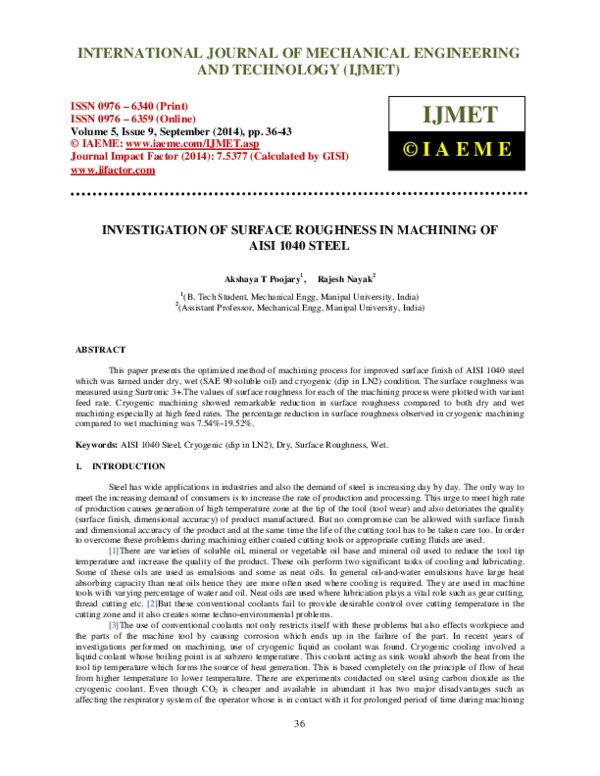 (PDF) INVESTIGATION OF SURFACE ROUGHNESS IN MACHINING OF AISI 1040 STEEL