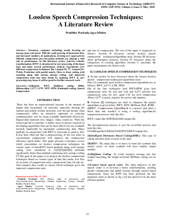 (PDF) Lossless Speech Compression Techniques A Literature Review