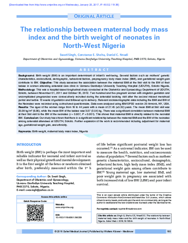 (PDF) The relationship between maternal body mass index and the birth ...