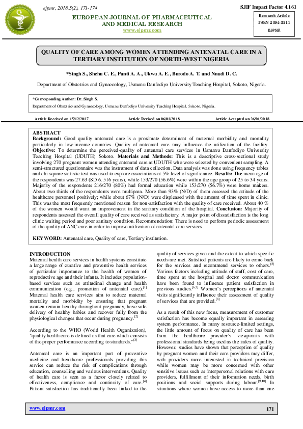 (PDF) QUALITY OF CARE AMONG WOMEN ATTENDING ANTENATAL CARE IN A ...