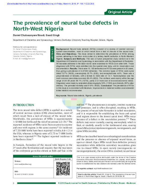 (PDF) The prevalence of neural tube defects in North-West Nigeria