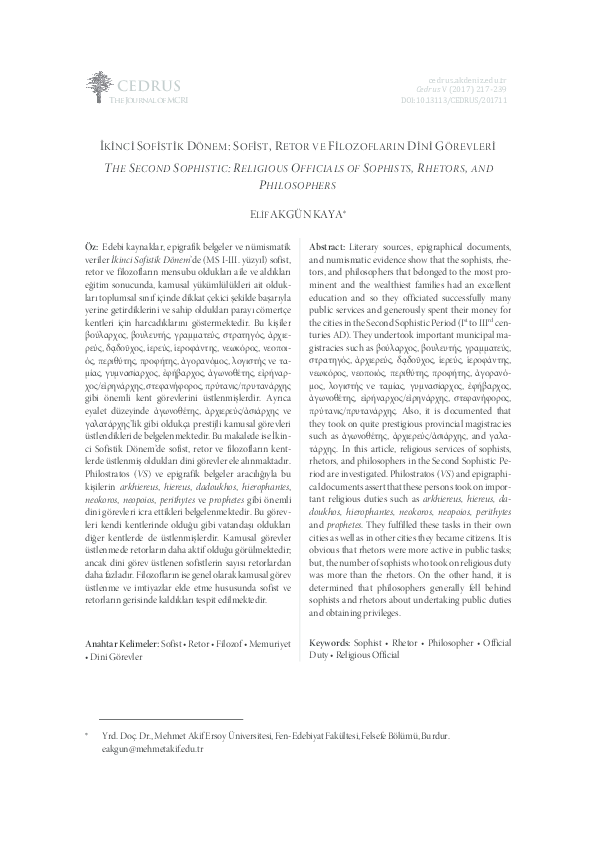 THE SECOND SOPHISTIC: RELIGIOUS OFFICIALS OF SOPHISTS, RHETORS, AND PHILOSOPHERS/İKİNCİ SOFİSTİK DÖNEM: SOFİST, RETOR VE FİLOZOFLARIN DİNİ GÖREVLERİ