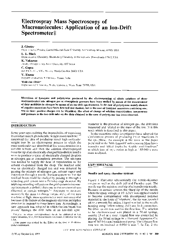 (PDF) Electrospray mass spectroscopy of macromolecules: Application of ...