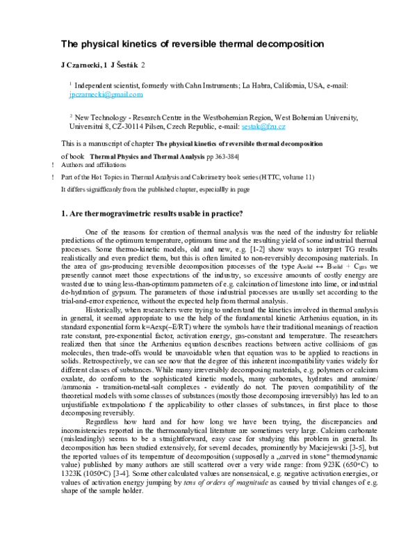 (PDF) The physical kinetics of reversible thermal decomposition