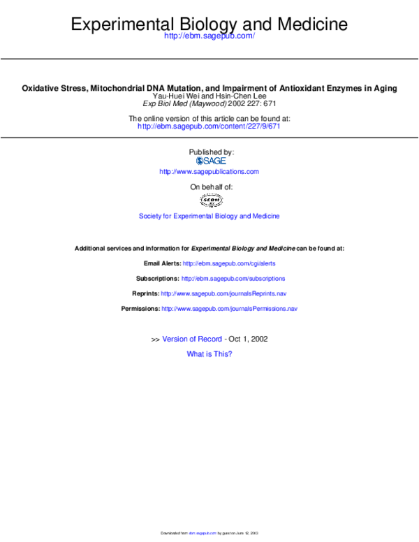 (PDF) Oxidative Stress, Mitochondrial DNA Mutation And Impairment Of ...