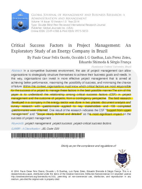 (PDF) Critical Success Factors in Project