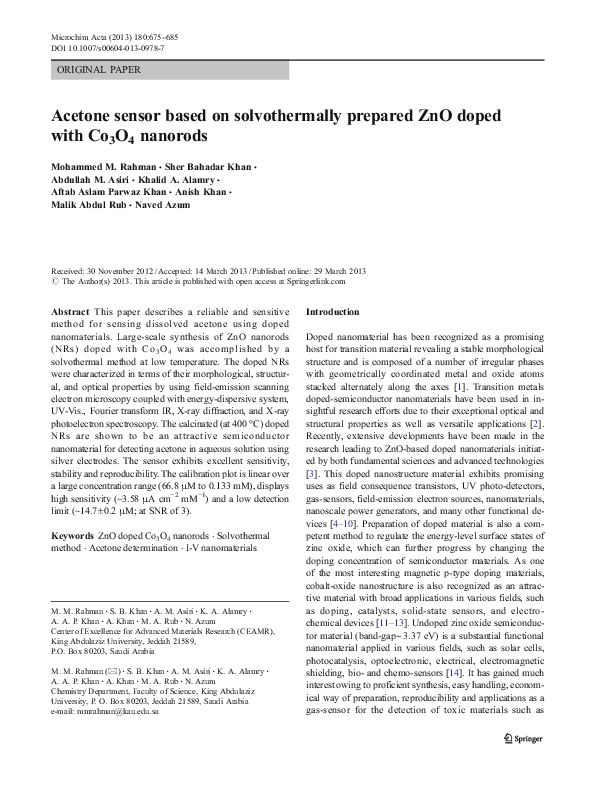 (PDF) Acetone sensor based on solvothermally prepared ZnO doped with ...