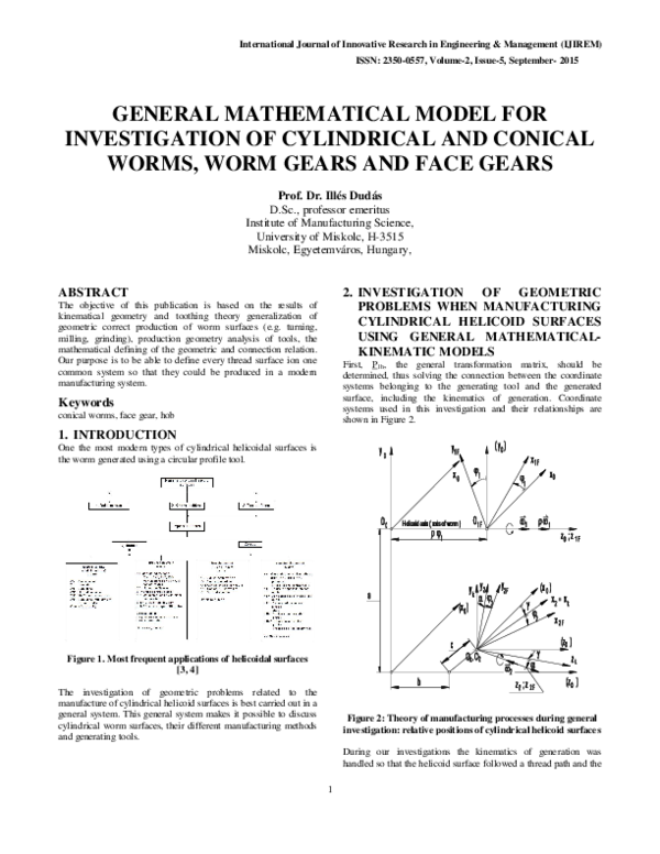 (PDF) GENERAL MATHEMATICAL MODEL FOR INVESTIGATION OF CYLINDRICAL AND CONICAL WORMS, WORM GEARS