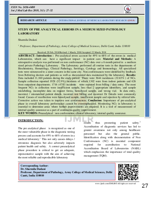 (PDF) STUDY OF PRE ANALYTICAL ERRORS IN A MEDIUM SIZED PATHOLOGY LABORATORY