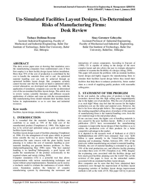 Pdf Un Simulated Facilities Layout Designs Un Determined Risks Of Manufacturing Firms Desk Review Ijirem Journal Academia Edu