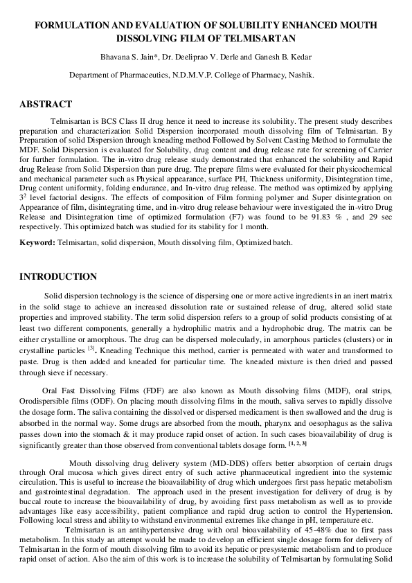 (DOC) FORMULATION AND EVALUATION OF SOLUBILITY ENHANCED MOUTH ...