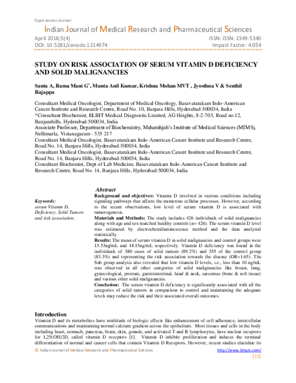 (PDF) STUDY ON RISK ASSOCIATION OF SERUM VITAMIN D DEFICIENCY AND SOLID ...