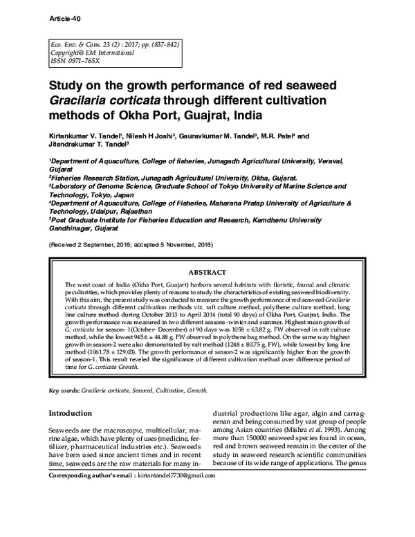 (PDF) Study on the growth performance of red seaweed Gracilaria ...