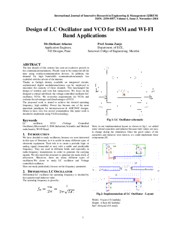 (PDF) Design of LC Oscillator and VCO for ISM and WIFI Band