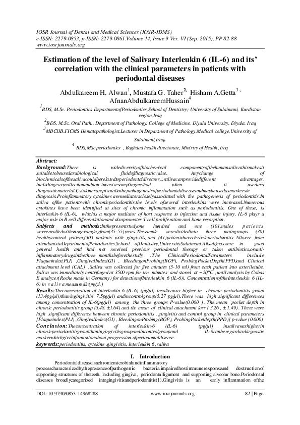 (PDF) Estimation of the level of Salivary Interleukin 6 (IL-6) and its ...