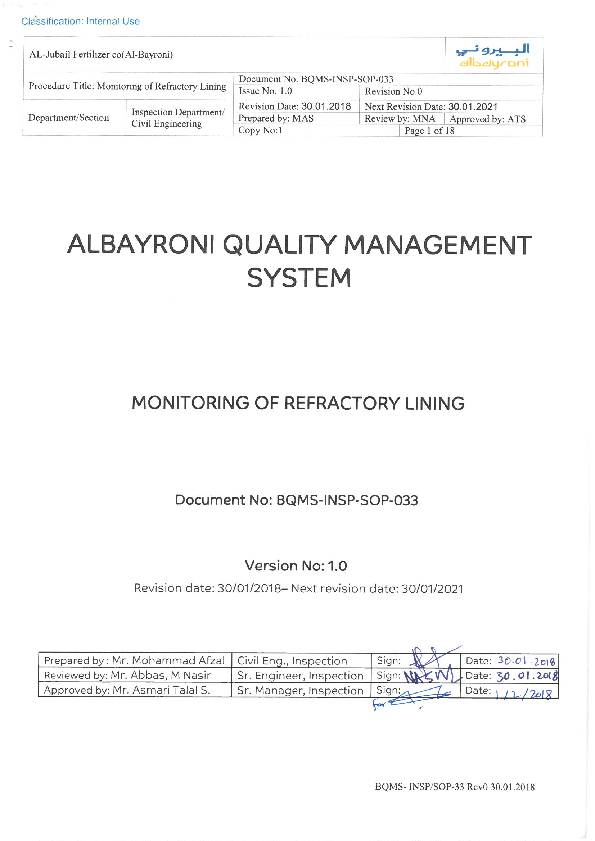 (PDF) SOP 033 Inspection Procedure for Refractory Lining