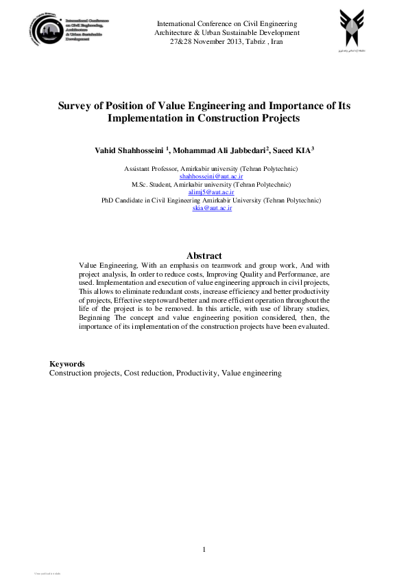 (PDF) Value Engineering's Role and Benefits in Construction Projects