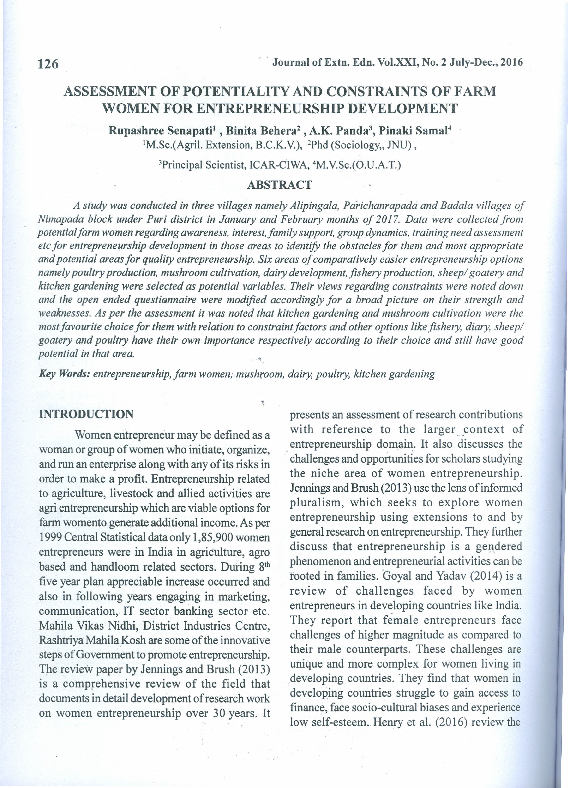 (PDF) ASSESSMENT OF POTENTIALITY AND CONSTRAINTS OF FARM WOMEN FOR ...