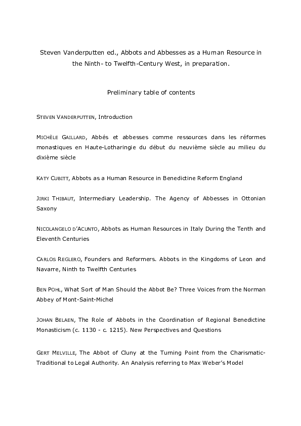 (PDF) Abbots and Abbesses as a Human Resource in the Ninth to TwelfthCentury West, Zürich 2018