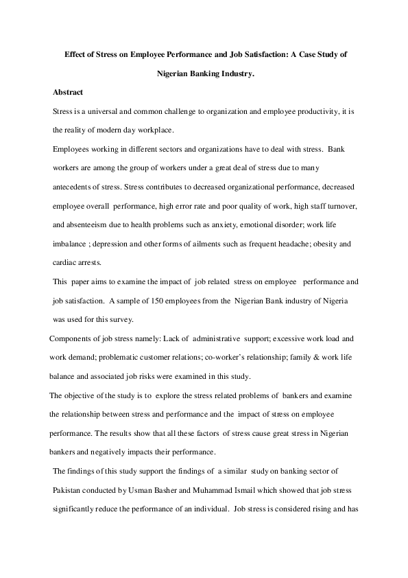  PDF Effect Of Stress On Employee Performance And Job Satisfaction A 