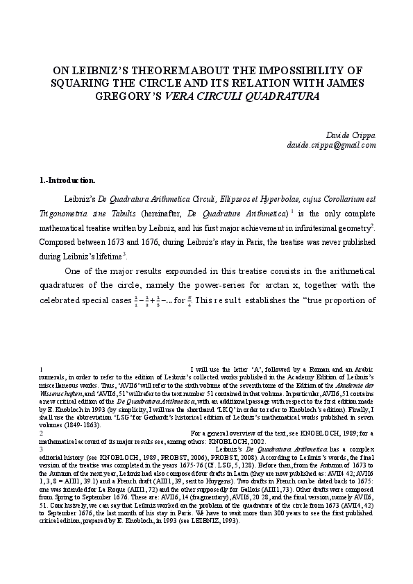 (DOC) ON LEIBNIZ'S THEOREM ABOUT THE IMPOSSIBILITY OF SQUARING THE ...