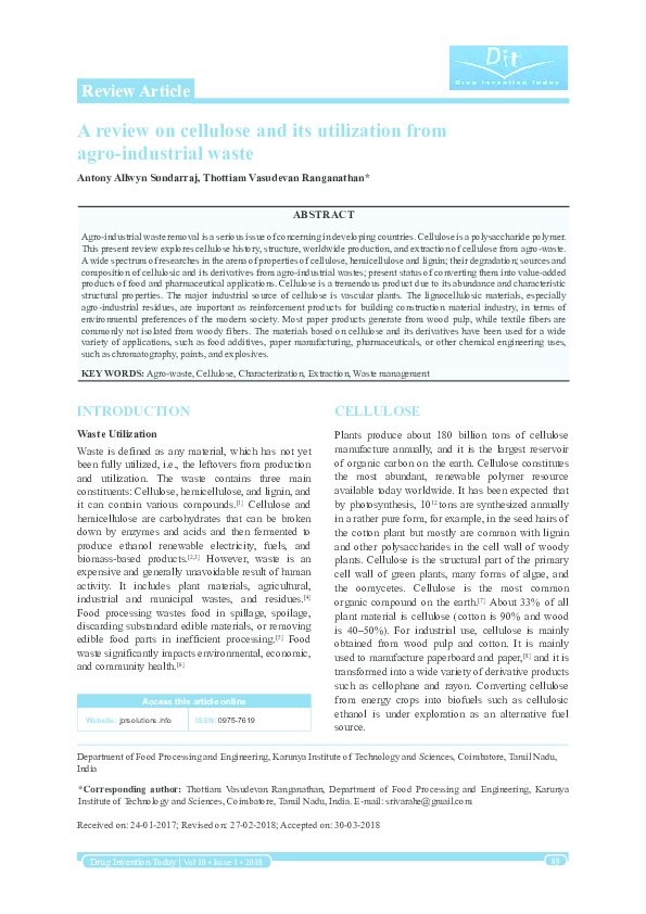 (PDF) A review on cellulose and its utilization from agro‑industrial waste