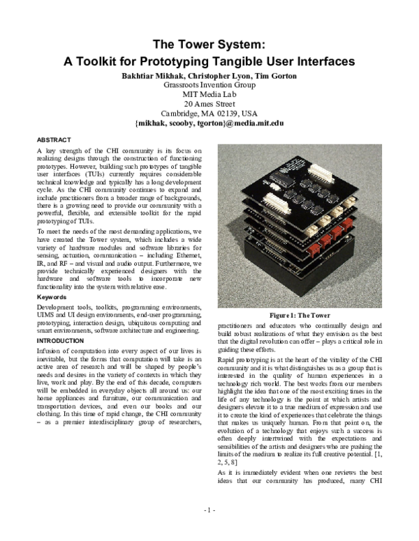 (PDF) The Tower system: A toolkit for prototyping tangible user interfaces