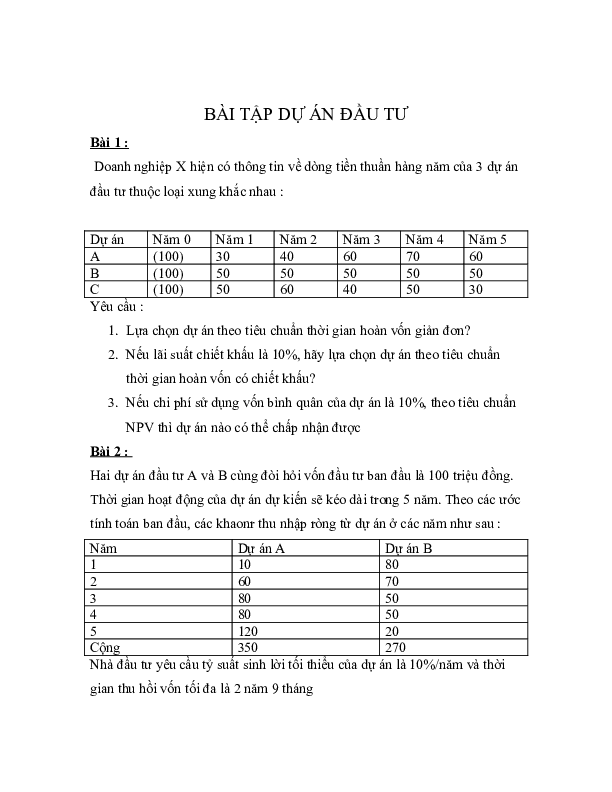 First page of “BÀI TẬP DỰ ÁN ĐẦU TƯ”