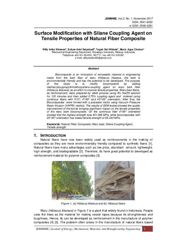 (PDF) Surface Modification with Silane Coupling Agent on Tensile Properties of Natural Fiber