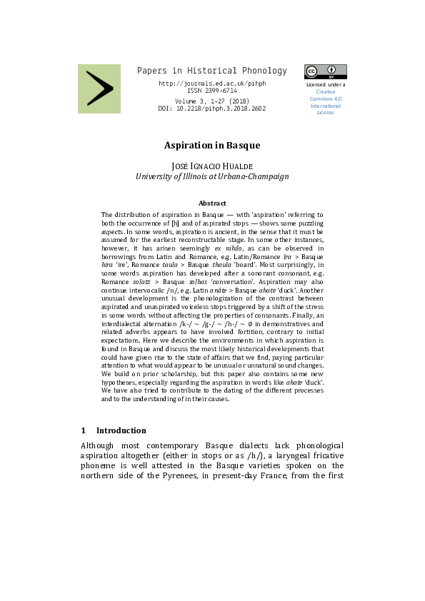 Papers in Historical Phonology Aspiration in Basque