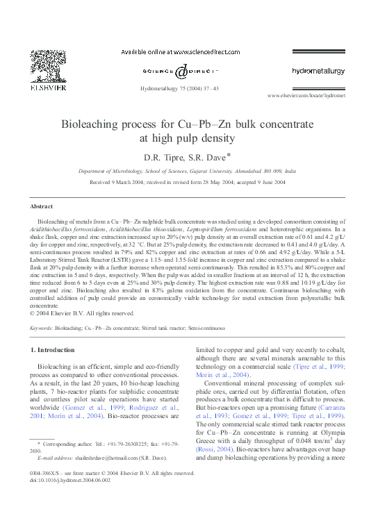 (PDF) Bioleaching process for Cu Pb Zn bulk concentrate at high pulp