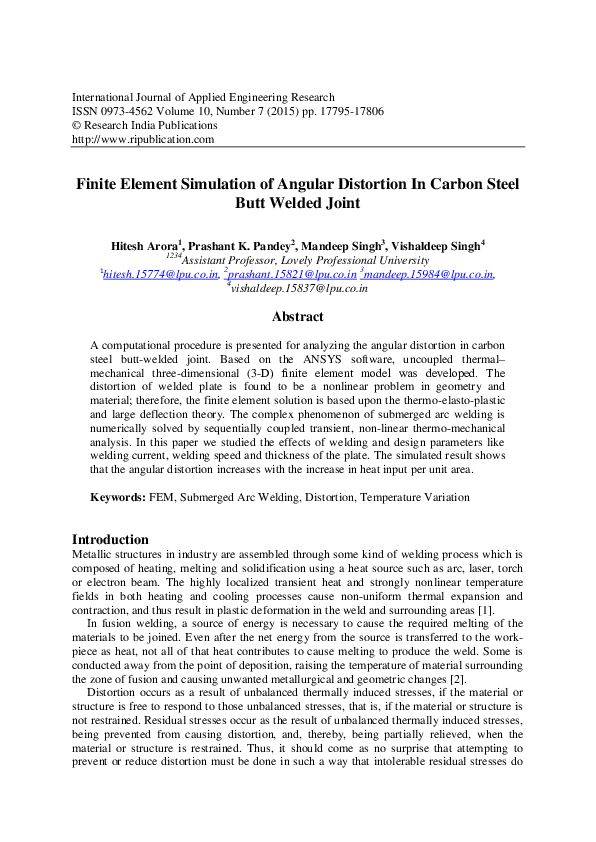 (PDF) Finite Element Simulation of Angular Distortion In Carbon Steel ...